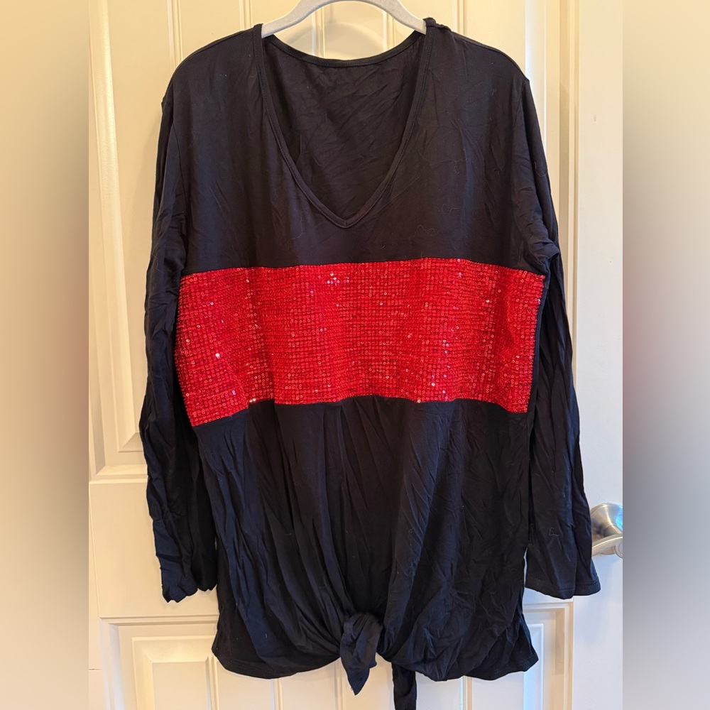 NWT Black Top with Red Sequin Stripe